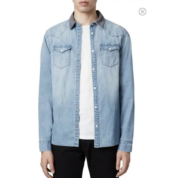 All Saints Men's Reed Regular Fit Blue Denim Shirt - Picture 3 of 10